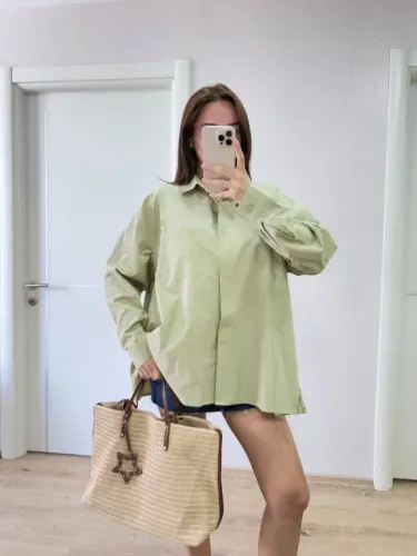 Collared Side Slit Shirt - Green - 4