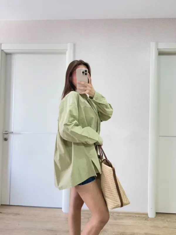 Collared Side Slit Shirt - Green - 2