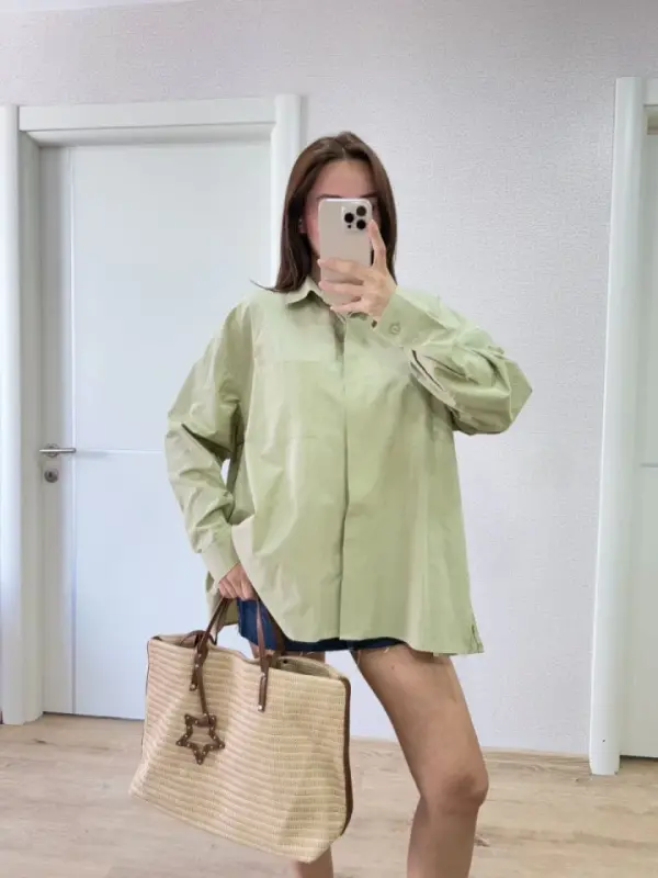 Collared Side Slit Shirt - Green - 4