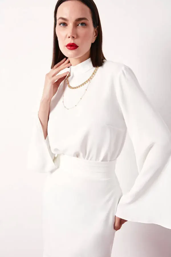 Collared Spanish Sleeve Blouse - Ecru - 7