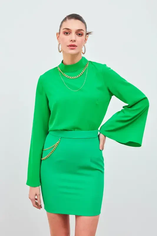 Collared Spanish Sleeve Blouse - Green - 4
