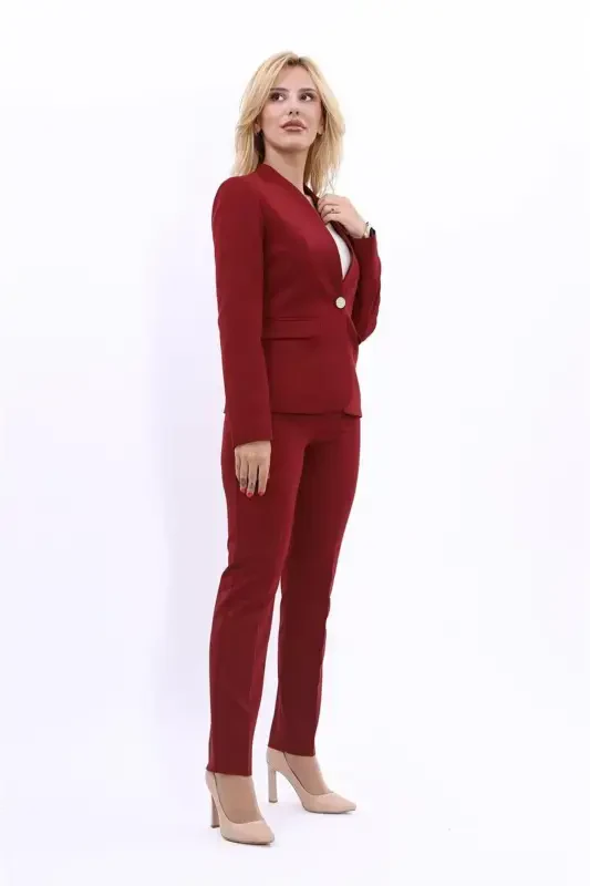 Collarless Single-Button Blazer & Wide Leg Trousers Suit - Burgundy - 3