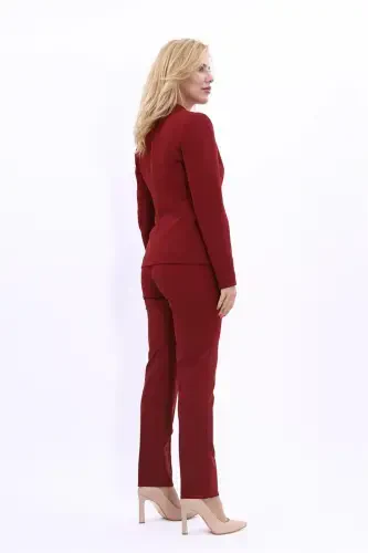 Collarless Single-Button Blazer & Wide Leg Trousers Suit - Burgundy - 4
