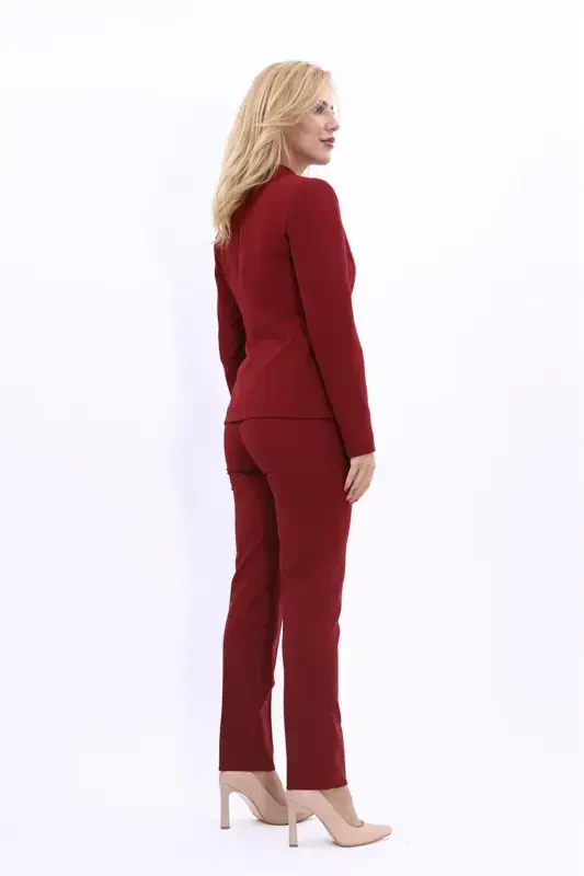 Collarless Single-Button Blazer & Wide Leg Trousers Suit - Burgundy - 4