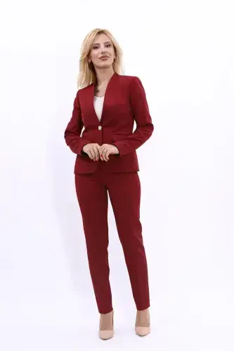 Collarless Single-Button Blazer & Wide Leg Trousers Suit - Burgundy - 5