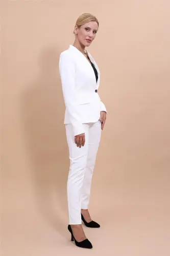 Collarless Single Button Jacket & Flare Leg Pants Set-Ecru-Ecru - ÖNDER ÖZSOY (1)