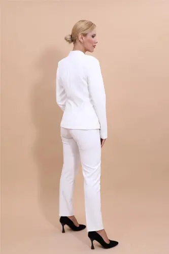 Collarless Single Button Jacket & Flare Leg Pants Set-Ecru-Ecru - 3