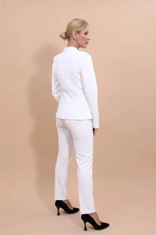 Collarless Single Button Jacket & Flare Leg Pants Set-Ecru-Ecru - 3