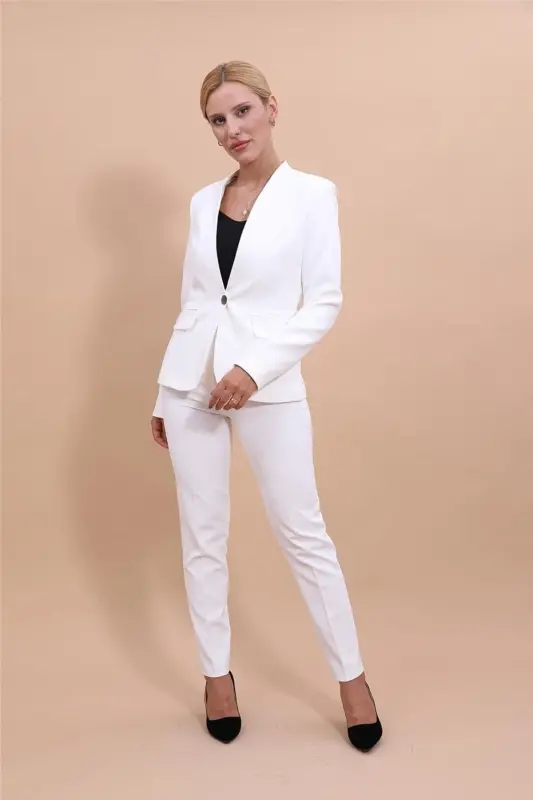 Collarless Single Button Jacket & Flare Leg Pants Set-Ecru-Ecru - 5