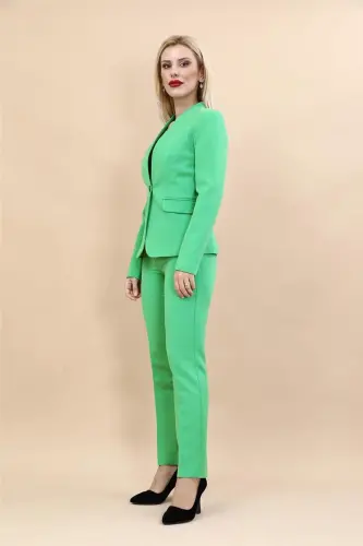 Collarless Single Button Jacket & Flare Leg Pants Suit-Green-A.Green - ÖNDER ÖZSOY (1)