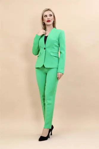 Collarless Single Button Jacket & Flare Leg Pants Suit-Green-A.Green 