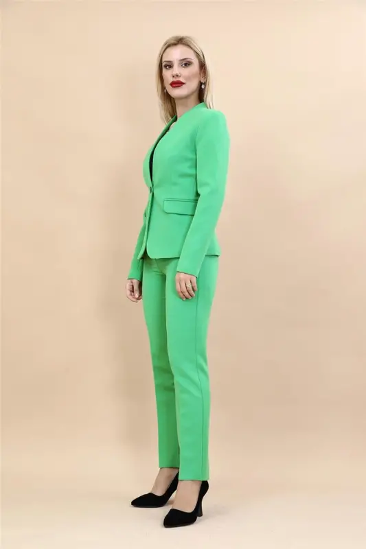 Collarless Single Button Jacket & Flare Leg Pants Suit-Green-A.Green - 2