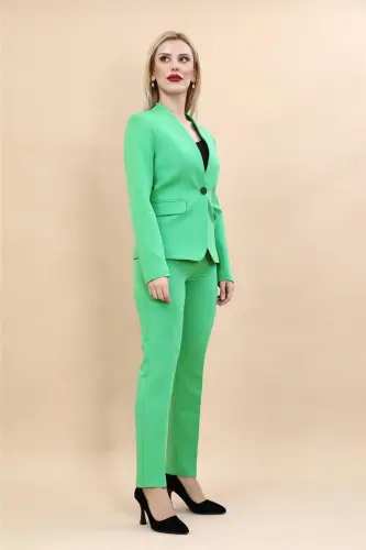 Collarless Single Button Jacket & Flare Leg Pants Suit-Green-A.Green - 3