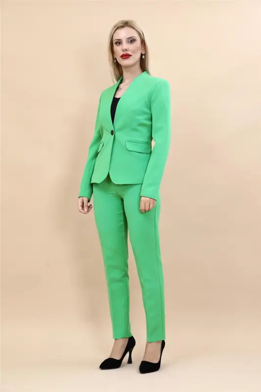 Collarless Single Button Jacket & Flare Leg Pants Suit-Green-A.Green - 5