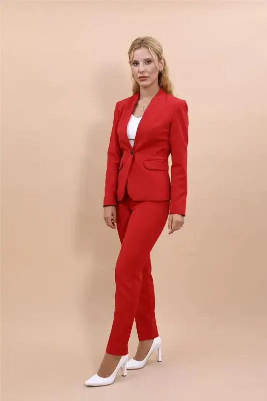 Collarless Single Button Jacket & Slim Fit Pants Suit-Red-Red - 1