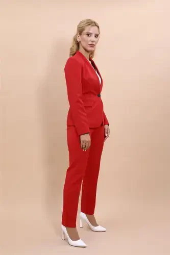Collarless Single Button Jacket & Slim Fit Pants Suit-Red-Red - ÖNDER ÖZSOY (1)