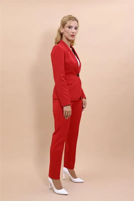 Collarless Single Button Jacket & Slim Fit Pants Suit-Red-Red - 2