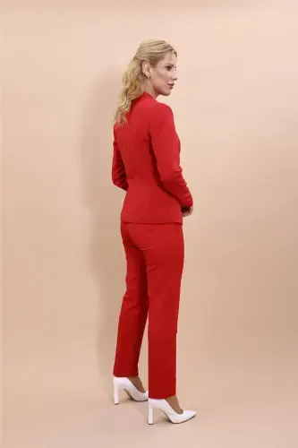 Collarless Single Button Jacket & Slim Fit Pants Suit-Red-Red - 3