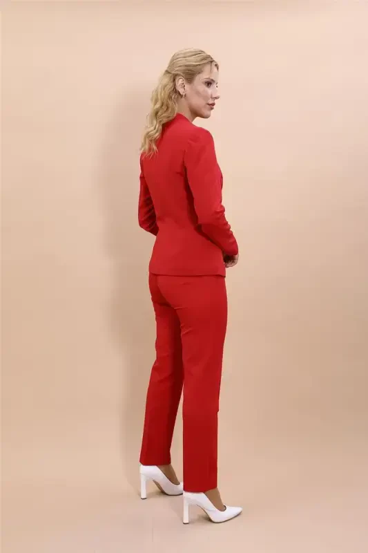 Collarless Single Button Jacket & Slim Fit Pants Suit-Red-Red - 3