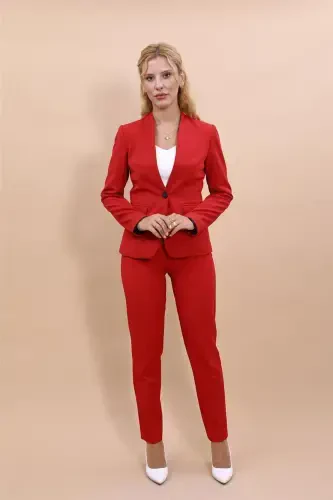 Collarless Single Button Jacket & Slim Fit Pants Suit-Red-Red - 4