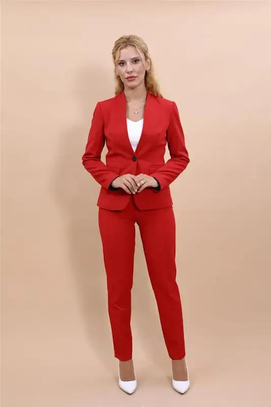 Collarless Single Button Jacket & Slim Fit Pants Suit-Red-Red - 4