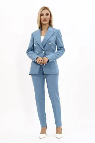 Collarless Single Button Jacket & Slim Fit Trousers Set-Light Blue-Light Blue - 5