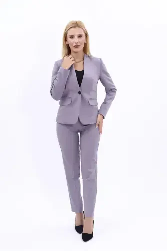 Collarless Single Button Jacket & Slim Fit Trousers Suit-Anthracite-Anthracite - 1