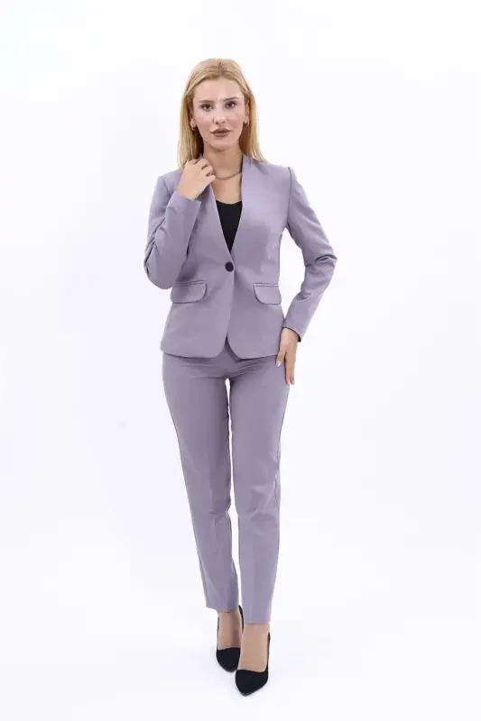 Collarless Single Button Jacket & Slim Fit Trousers Suit-Anthracite-Anthracite - 1