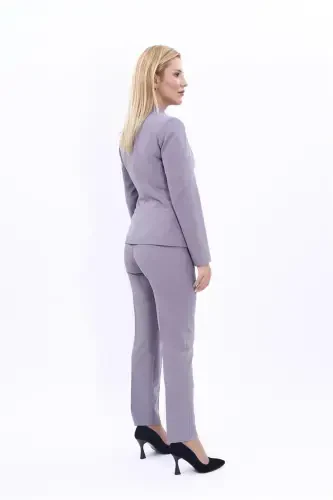 Collarless Single Button Jacket & Slim Fit Trousers Suit-Anthracite-Anthracite - 4