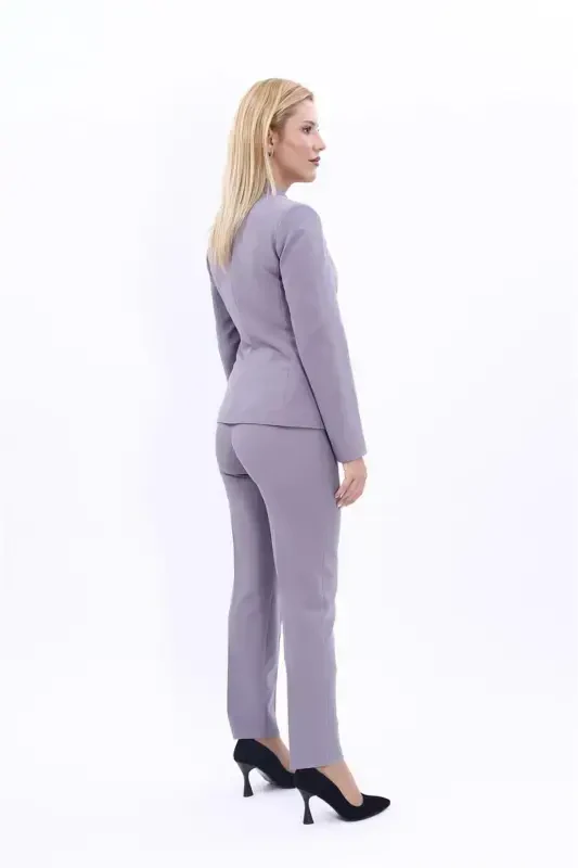 Collarless Single Button Jacket & Slim Fit Trousers Suit-Anthracite-Anthracite - 4