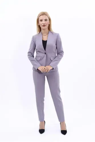 Collarless Single Button Jacket & Slim Fit Trousers Suit-Anthracite-Anthracite - 5