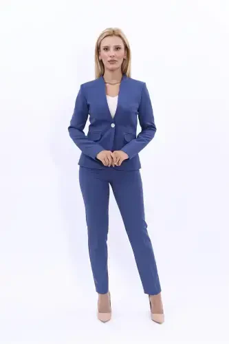 Collarless Single Button Jacket & Slim Fit Trousers Suit-Indigo-Indigo - 5
