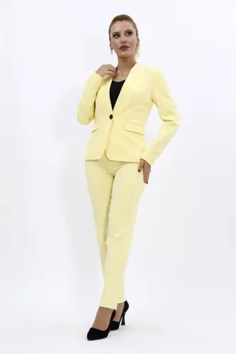 Collarless Single Button Jacket & Slim Fit Trousers Suit-Yellow-Yellow 