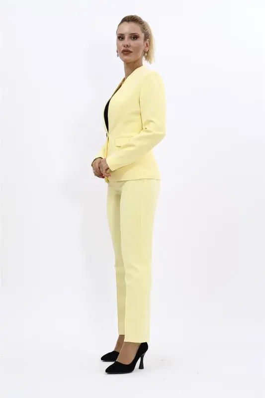Collarless Single Button Jacket & Slim Fit Trousers Suit-Yellow-Yellow - 2