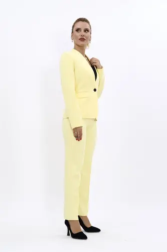Collarless Single Button Jacket & Slim Fit Trousers Suit-Yellow-Yellow - 3