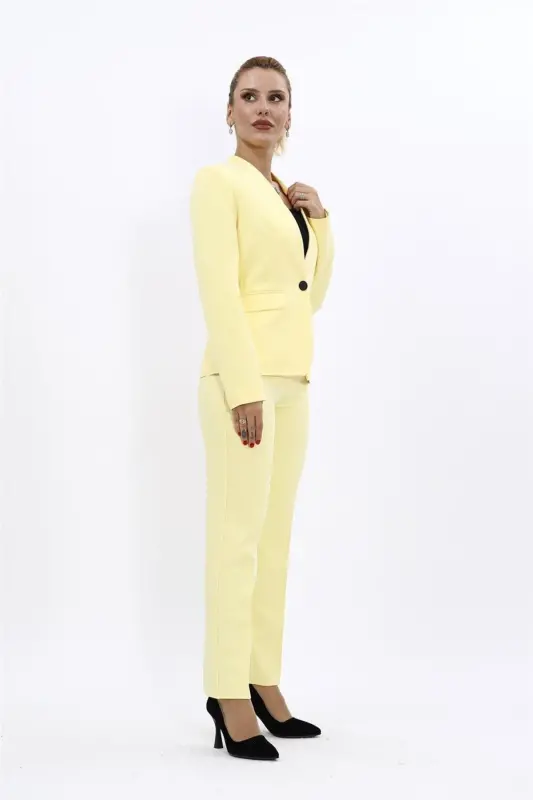 Collarless Single Button Jacket & Slim Fit Trousers Suit-Yellow-Yellow - 3