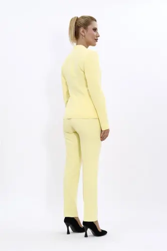 Collarless Single Button Jacket & Slim Fit Trousers Suit-Yellow-Yellow - 4