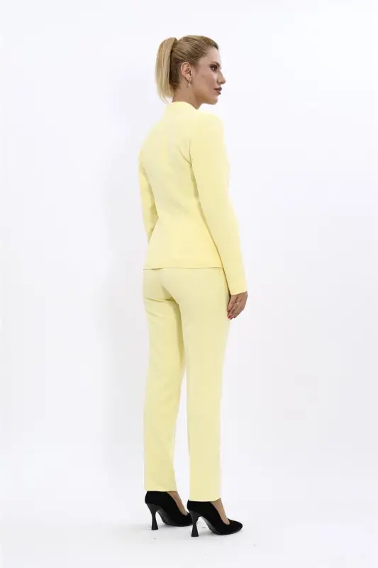 Collarless Single Button Jacket & Slim Fit Trousers Suit-Yellow-Yellow - 4