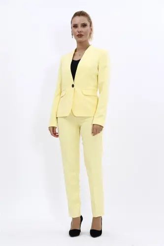 Collarless Single Button Jacket & Slim Fit Trousers Suit-Yellow-Yellow - 5