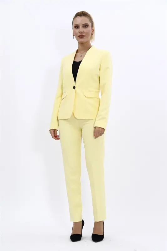 Collarless Single Button Jacket & Slim Fit Trousers Suit-Yellow-Yellow - 5