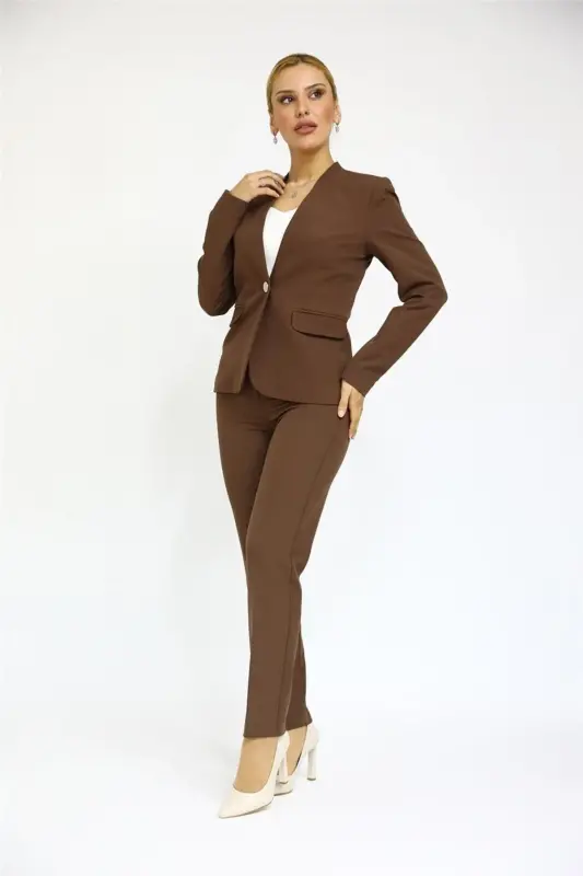 Collarless Single Button Jacket & Straight Leg Pants Suit-Chestnut-Bitter Coffee - ÖNDER ÖZSOY