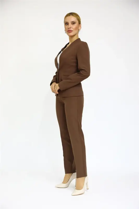 Collarless Single Button Jacket & Straight Leg Pants Suit-Chestnut-Bitter Coffee - 2