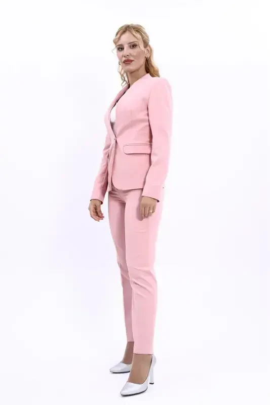 Collarless Single Button Jacket & Straight Leg Pants Suit-Powder-Powder - 2