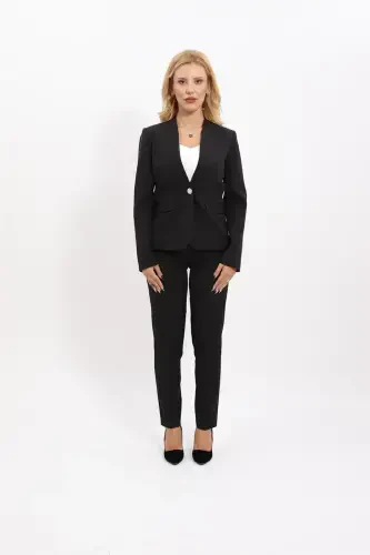 Collarless Single Button Jacket & Wide Leg Trousers Suit - Black - 1