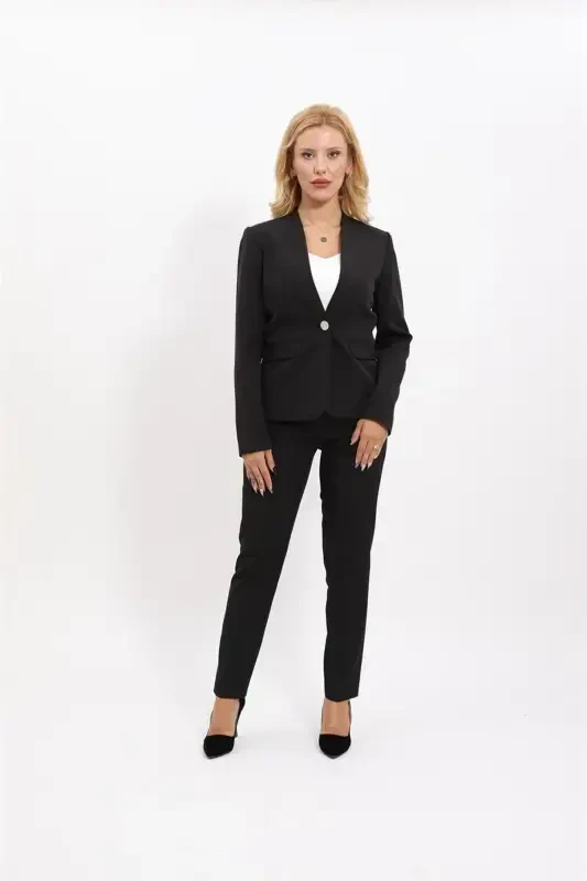 Collarless Single Button Jacket & Wide Leg Trousers Suit - Black - 2