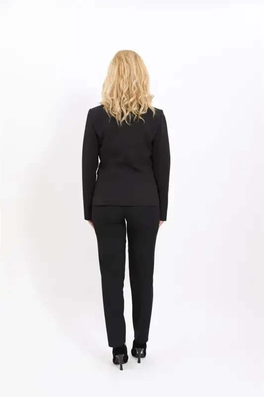 Collarless Single Button Jacket & Wide Leg Trousers Suit - Black - 5