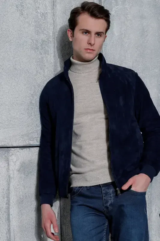 College Genuine Leather Navy Blue Men's Suede Jacket - KENDE