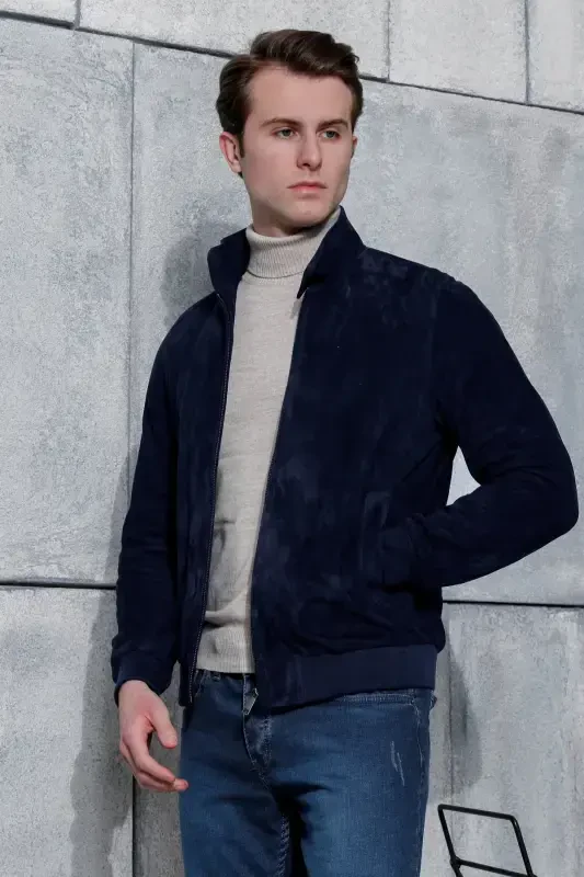 College Genuine Leather Navy Blue Men's Suede Jacket - 3