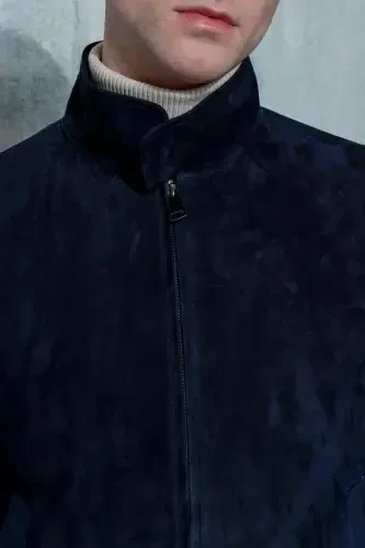 College Genuine Leather Navy Blue Men's Suede Jacket - 5