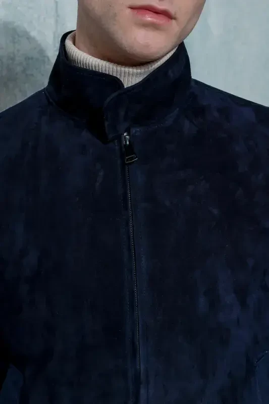 College Genuine Leather Navy Blue Men's Suede Jacket - 5